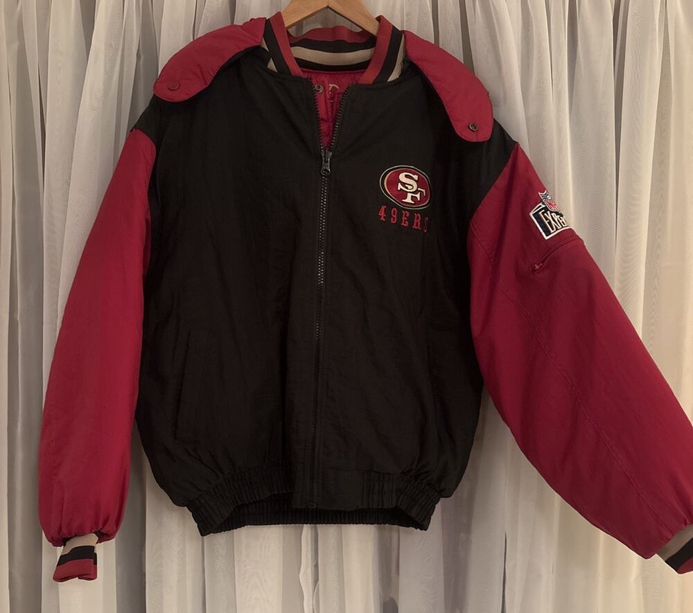 Vintage 90s Pro Player San Francisco 49ers Puffer Reversible Hooded Jacket Sz L